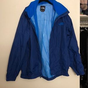 North face blue rain jacket with hood & collar